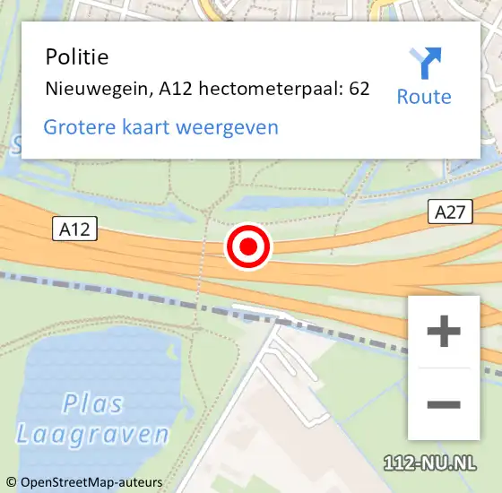 Locatie op kaart van de 112 melding: Politie Nieuwegein, A12 hectometerpaal: 62 op 29 december 2022 08:18