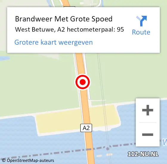 Locatie op kaart van de 112 melding: Brandweer Met Grote Spoed Naar West Betuwe, A2 hectometerpaal: 95 op 29 december 2022 08:20