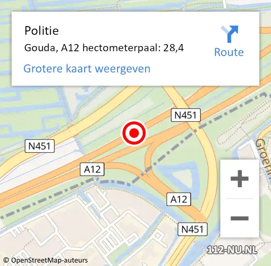 Locatie op kaart van de 112 melding: Politie Gouda, A12 hectometerpaal: 28,4 op 29 december 2022 10:53