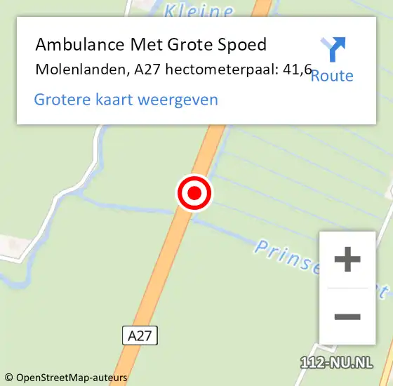 Locatie op kaart van de 112 melding: Ambulance Met Grote Spoed Naar Molenlanden, A27 hectometerpaal: 41,6 op 29 december 2022 15:22