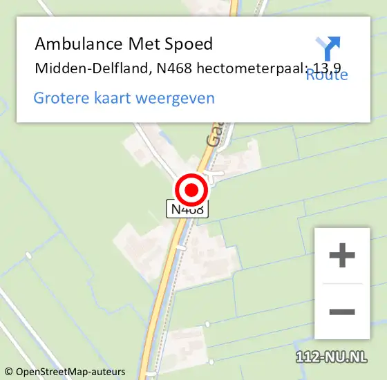 Locatie op kaart van de 112 melding: Ambulance Met Spoed Naar Midden-Delfland, N468 hectometerpaal: 13,9 op 29 december 2022 15:44