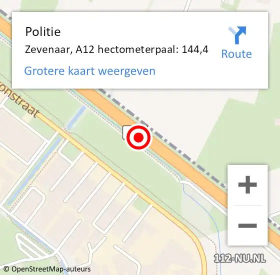 Locatie op kaart van de 112 melding: Politie Zevenaar, A12 hectometerpaal: 144,4 op 29 december 2022 15:50