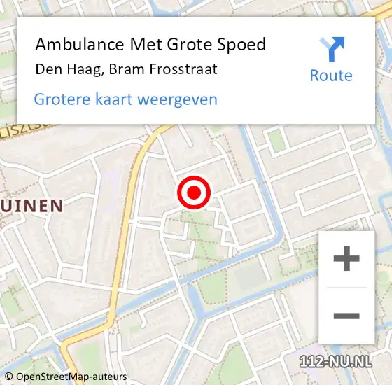 Locatie op kaart van de 112 melding: Ambulance Met Grote Spoed Naar Den Haag, Bram Frosstraat op 29 december 2022 19:01