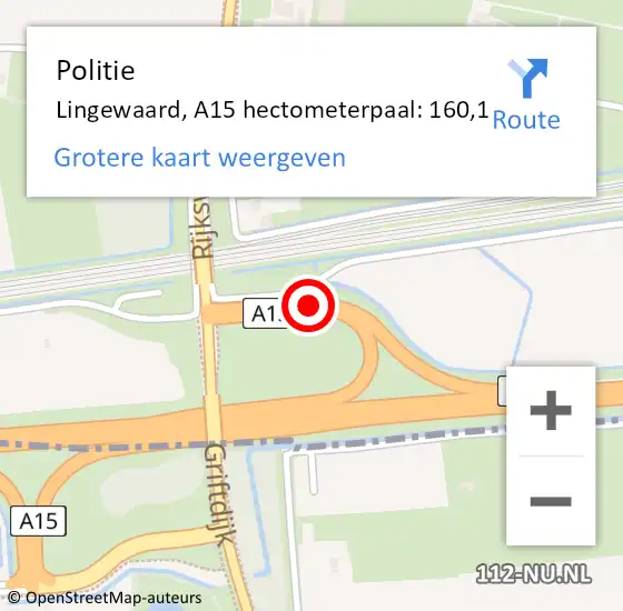 Locatie op kaart van de 112 melding: Politie Lingewaard, A15 hectometerpaal: 160,1 op 29 december 2022 19:17