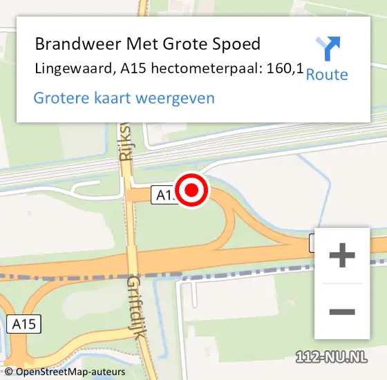 Locatie op kaart van de 112 melding: Brandweer Met Grote Spoed Naar Lingewaard, A15 hectometerpaal: 160,1 op 29 december 2022 19:18