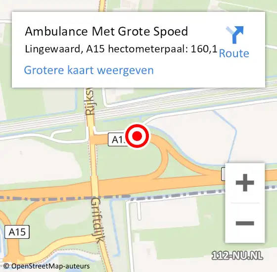 Locatie op kaart van de 112 melding: Ambulance Met Grote Spoed Naar Lingewaard, A15 hectometerpaal: 160,1 op 29 december 2022 19:20