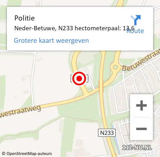 Locatie op kaart van de 112 melding: Politie Neder-Betuwe, N233 hectometerpaal: 13,6 op 29 december 2022 20:32