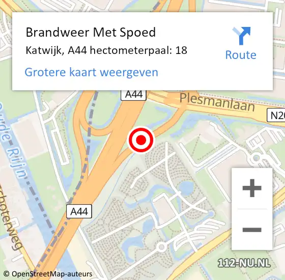 Locatie op kaart van de 112 melding: Brandweer Met Spoed Naar Katwijk, A44 hectometerpaal: 18 op 29 december 2022 22:44