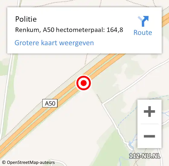 Locatie op kaart van de 112 melding: Politie Renkum, A50 hectometerpaal: 164,8 op 29 december 2022 23:03