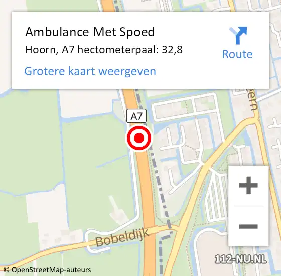 Locatie op kaart van de 112 melding: Ambulance Met Spoed Naar Hoorn, A7 hectometerpaal: 32,8 op 30 december 2022 08:45