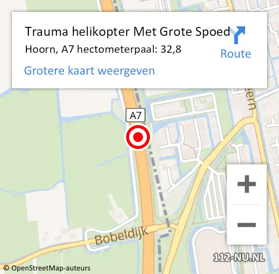 Locatie op kaart van de 112 melding: Trauma helikopter Met Grote Spoed Naar Hoorn, A7 hectometerpaal: 32,8 op 30 december 2022 08:49