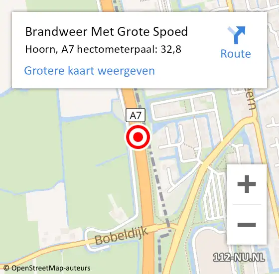 Locatie op kaart van de 112 melding: Brandweer Met Grote Spoed Naar Hoorn, A7 hectometerpaal: 32,8 op 30 december 2022 08:50