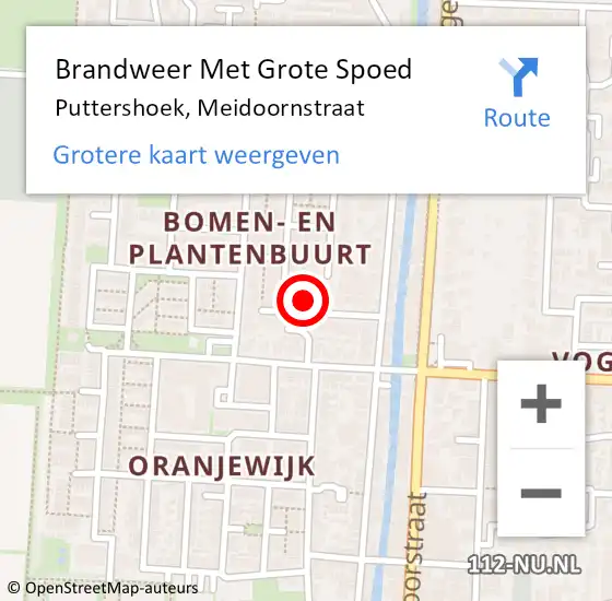 Locatie op kaart van de 112 melding: Brandweer Met Grote Spoed Naar Puttershoek, Meidoornstraat op 30 december 2022 10:51