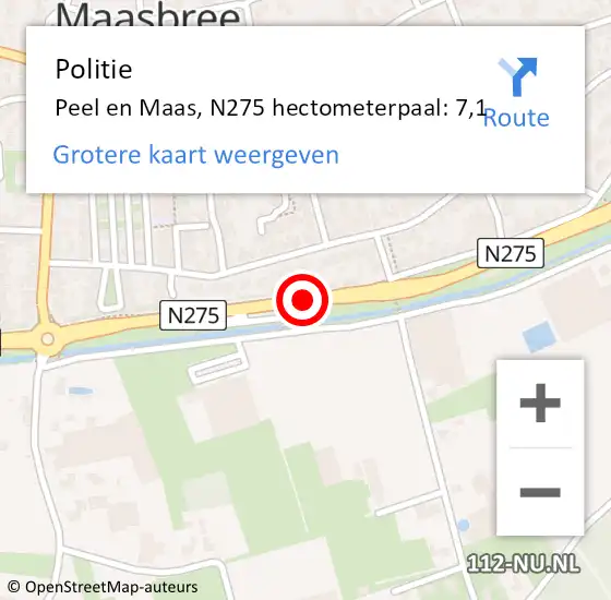 Locatie op kaart van de 112 melding: Politie Peel en Maas, N275 hectometerpaal: 7,1 op 30 december 2022 11:31