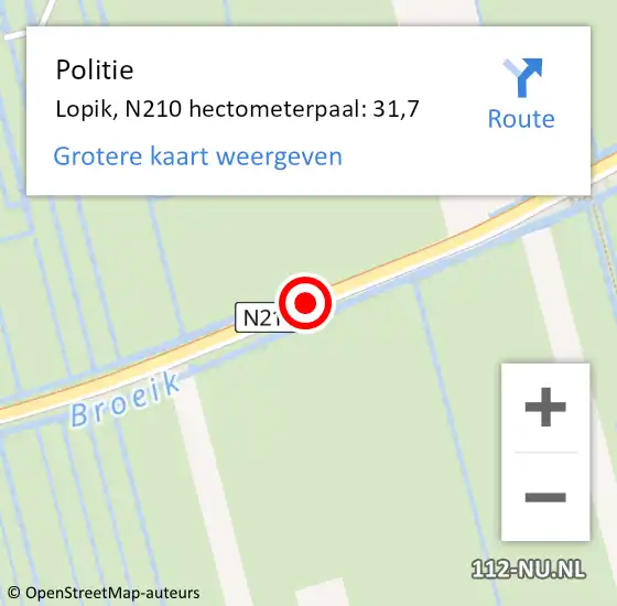 Locatie op kaart van de 112 melding: Politie Molenlanden, N210 hectometerpaal: 31,7 op 30 december 2022 14:30
