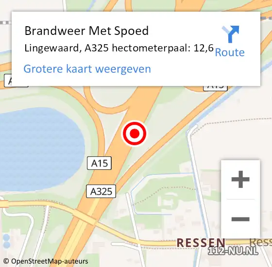 Locatie op kaart van de 112 melding: Brandweer Met Spoed Naar Lingewaard, A325 hectometerpaal: 12,6 op 30 december 2022 15:35