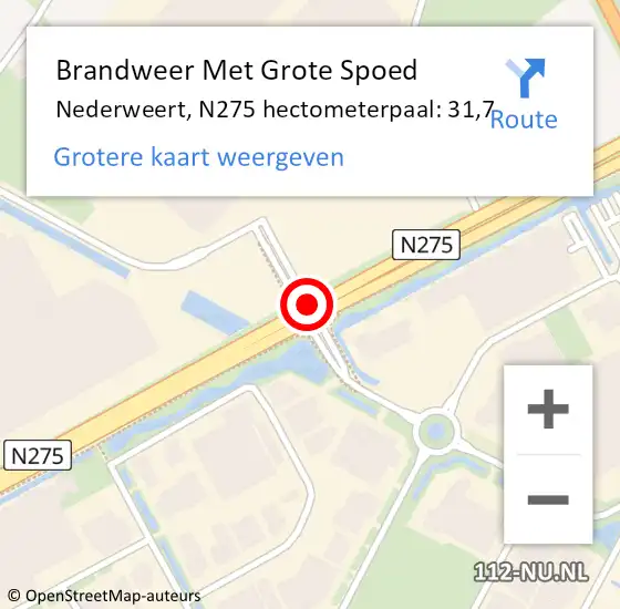 Locatie op kaart van de 112 melding: Brandweer Met Grote Spoed Naar Nederweert, N275 hectometerpaal: 31,7 op 30 december 2022 16:07