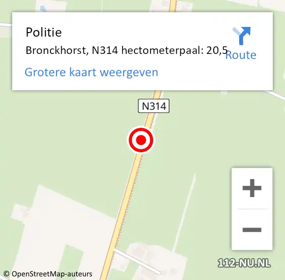 Locatie op kaart van de 112 melding: Politie Bronckhorst, N314 hectometerpaal: 20,5 op 30 december 2022 19:33