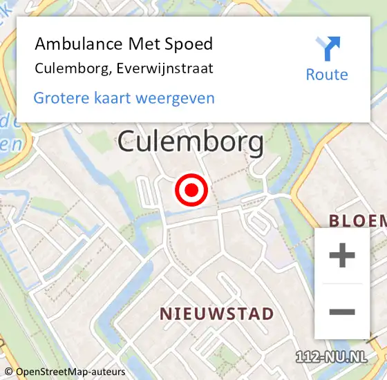 Locatie op kaart van de 112 melding: Ambulance Met Spoed Naar Culemborg, Everwijnstraat op 30 december 2022 19:38