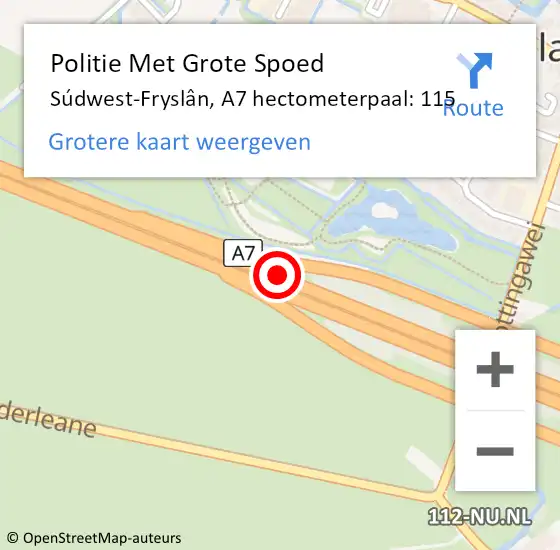 Locatie op kaart van de 112 melding: Politie Met Grote Spoed Naar Súdwest-Fryslân, A7 hectometerpaal: 115 op 30 december 2022 22:35