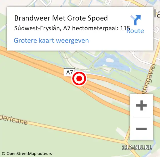 Locatie op kaart van de 112 melding: Brandweer Met Grote Spoed Naar Súdwest-Fryslân, A7 hectometerpaal: 115 op 30 december 2022 22:36