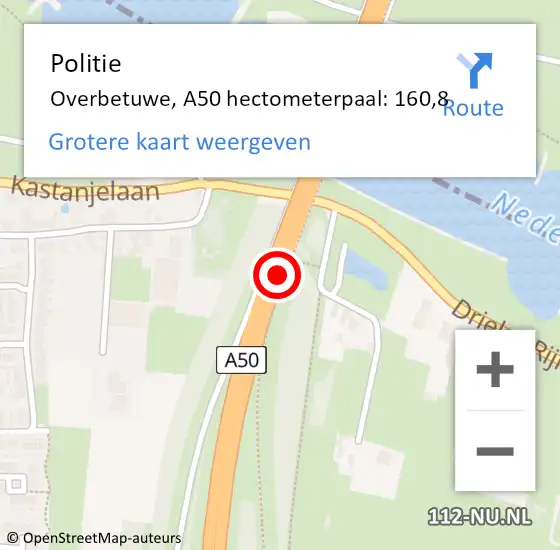 Locatie op kaart van de 112 melding: Politie Overbetuwe, A50 hectometerpaal: 160,8 op 31 december 2022 04:12