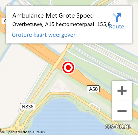 Locatie op kaart van de 112 melding: Ambulance Met Grote Spoed Naar Overbetuwe, A15 hectometerpaal: 155,8 op 31 december 2022 04:43