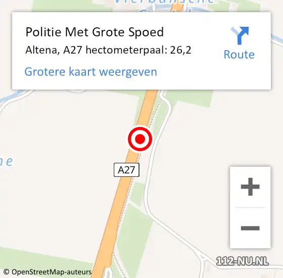 Locatie op kaart van de 112 melding: Politie Met Grote Spoed Naar Altena, A27 hectometerpaal: 26,2 op 31 december 2022 09:28