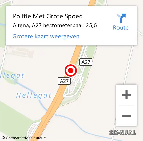 Locatie op kaart van de 112 melding: Politie Met Grote Spoed Naar Altena, A27 hectometerpaal: 25,6 op 31 december 2022 11:51