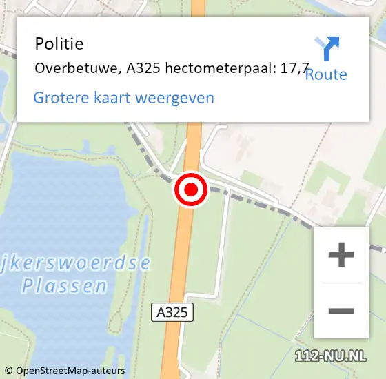 Locatie op kaart van de 112 melding: Politie Overbetuwe, A325 hectometerpaal: 17,7 op 31 december 2022 12:07
