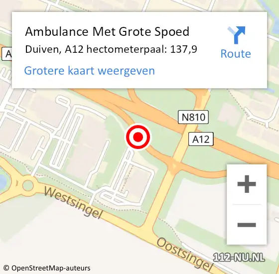 Locatie op kaart van de 112 melding: Ambulance Met Grote Spoed Naar Duiven, A12 hectometerpaal: 137,9 op 31 december 2022 13:05
