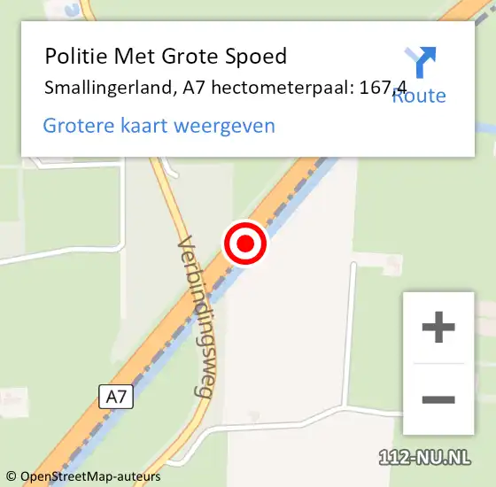 Locatie op kaart van de 112 melding: Politie Met Grote Spoed Naar Smallingerland, A7 hectometerpaal: 167,4 op 31 december 2022 15:52