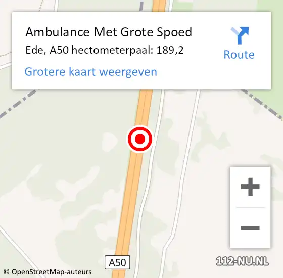 Locatie op kaart van de 112 melding: Ambulance Met Grote Spoed Naar Ede, A50 hectometerpaal: 189,2 op 31 december 2022 16:47