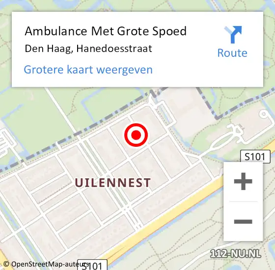 Locatie op kaart van de 112 melding: Ambulance Met Grote Spoed Naar Den Haag, Hanedoesstraat op 31 december 2022 18:56