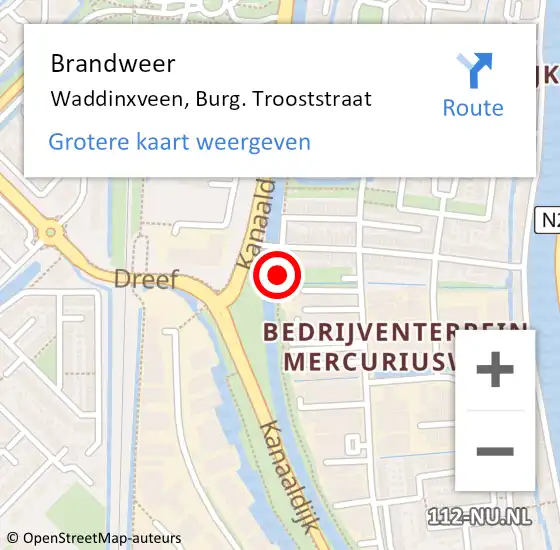 Locatie op kaart van de 112 melding: Brandweer Waddinxveen, Burg. Trooststraat op 10 augustus 2014 15:08