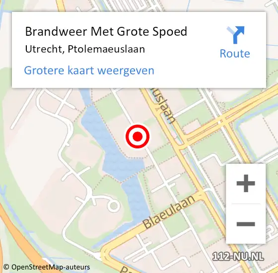 Locatie op kaart van de 112 melding: Brandweer Met Grote Spoed Naar Utrecht, Ptolemaeuslaan op 10 augustus 2014 15:53