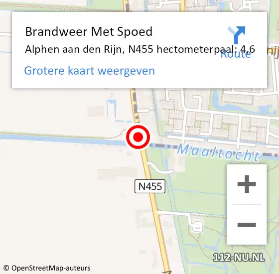 Locatie op kaart van de 112 melding: Brandweer Met Spoed Naar Alphen aan den Rijn, N455 hectometerpaal: 4,6 op 1 januari 2023 01:18