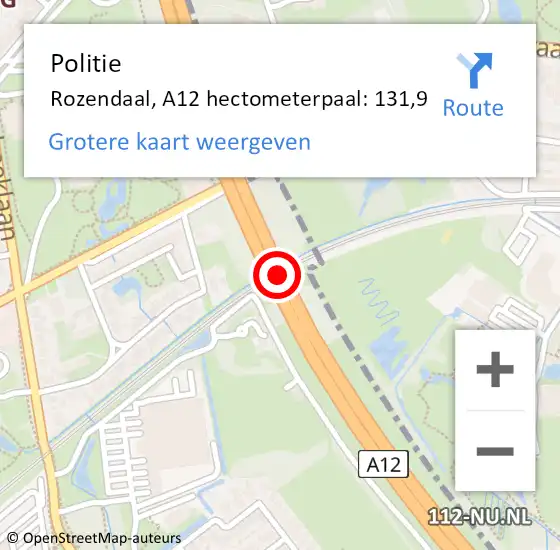 Locatie op kaart van de 112 melding: Politie Rozendaal, A12 hectometerpaal: 131,9 op 1 januari 2023 02:05