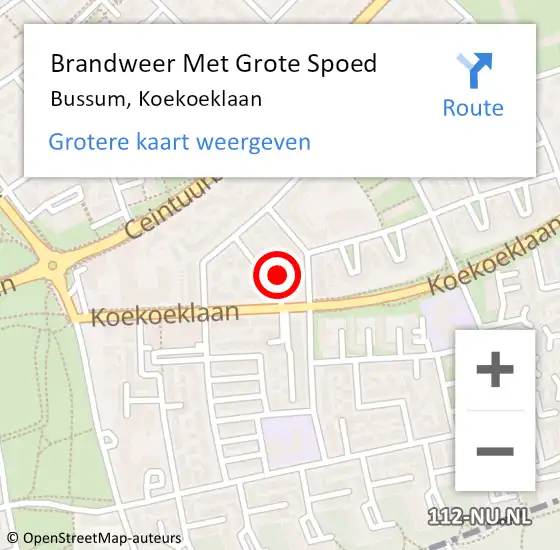 Locatie op kaart van de 112 melding: Brandweer Met Grote Spoed Naar Bussum, Koekoeklaan op 1 januari 2023 05:59