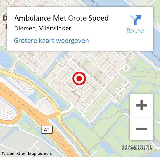 Locatie op kaart van de 112 melding: Ambulance Met Grote Spoed Naar Diemen, Vliervlinder op 1 januari 2023 06:01