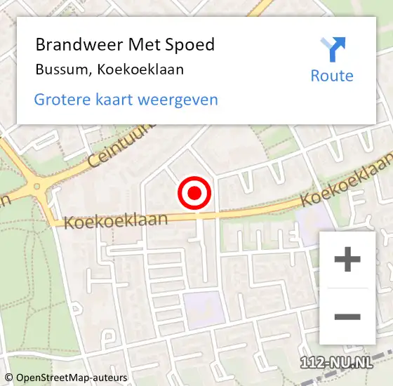 Locatie op kaart van de 112 melding: Brandweer Met Spoed Naar Bussum, Koekoeklaan op 1 januari 2023 06:14