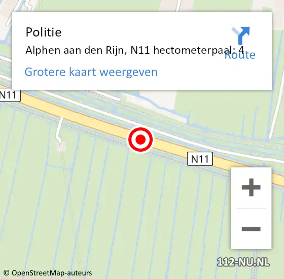 Locatie op kaart van de 112 melding: Politie Alphen aan den Rijn, N11 hectometerpaal: 4 op 1 januari 2023 06:28