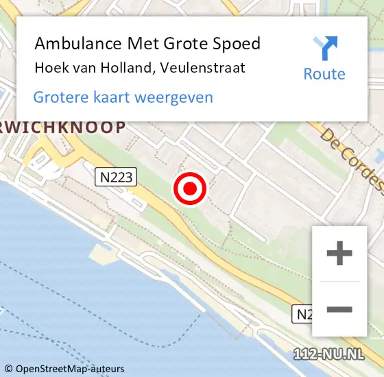 Locatie op kaart van de 112 melding: Ambulance Met Grote Spoed Naar Hoek van Holland, Veulenstraat op 1 januari 2023 13:16