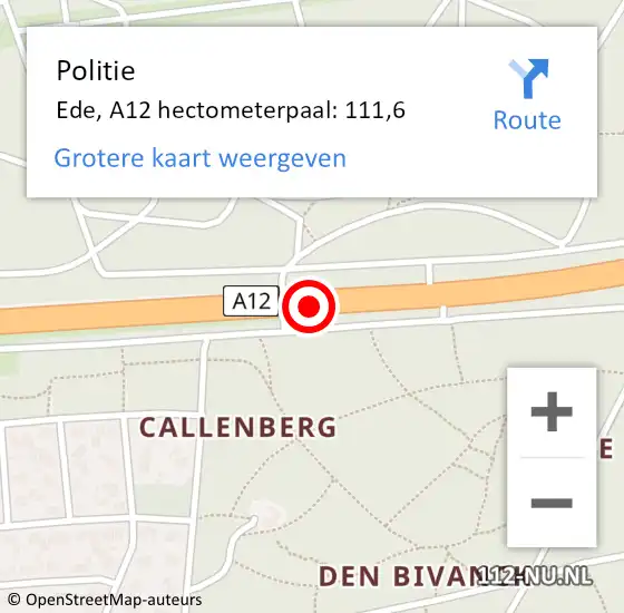 Locatie op kaart van de 112 melding: Politie Ede, A12 hectometerpaal: 111,6 op 1 januari 2023 20:02