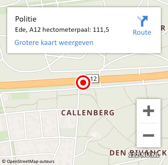 Locatie op kaart van de 112 melding: Politie Ede, A12 hectometerpaal: 111,5 op 1 januari 2023 20:55