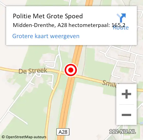 Locatie op kaart van de 112 melding: Politie Met Grote Spoed Naar Midden-Drenthe, A28 hectometerpaal: 165,2 op 1 januari 2023 21:31