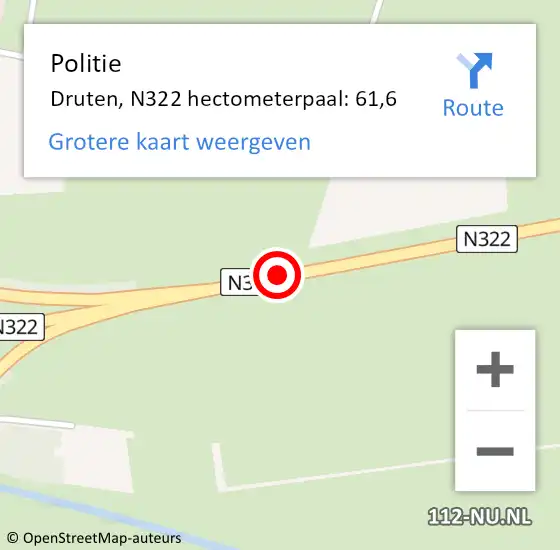 Locatie op kaart van de 112 melding: Politie Druten, N322 hectometerpaal: 61,6 op 1 januari 2023 22:42