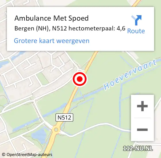 Locatie op kaart van de 112 melding: Ambulance Met Spoed Naar Bergen (NH), N512 hectometerpaal: 4,6 op 2 januari 2023 01:32