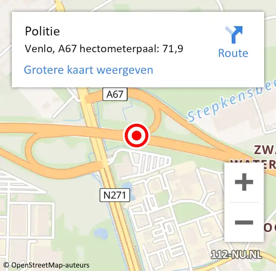 Locatie op kaart van de 112 melding: Politie Venlo, A67 hectometerpaal: 71,9 op 2 januari 2023 04:08