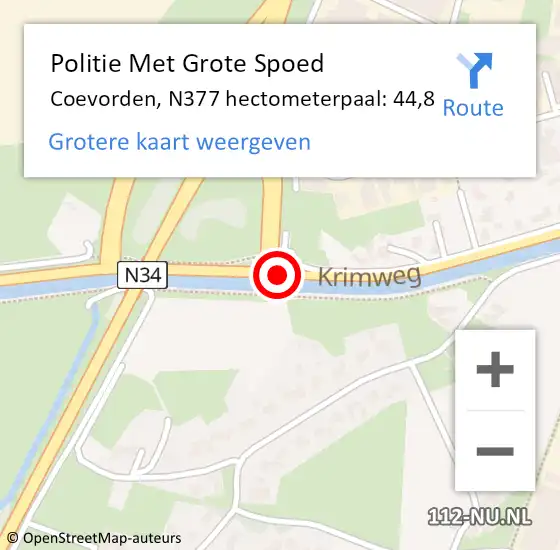 Locatie op kaart van de 112 melding: Politie Met Grote Spoed Naar Coevorden, N377 hectometerpaal: 44,8 op 2 januari 2023 06:12